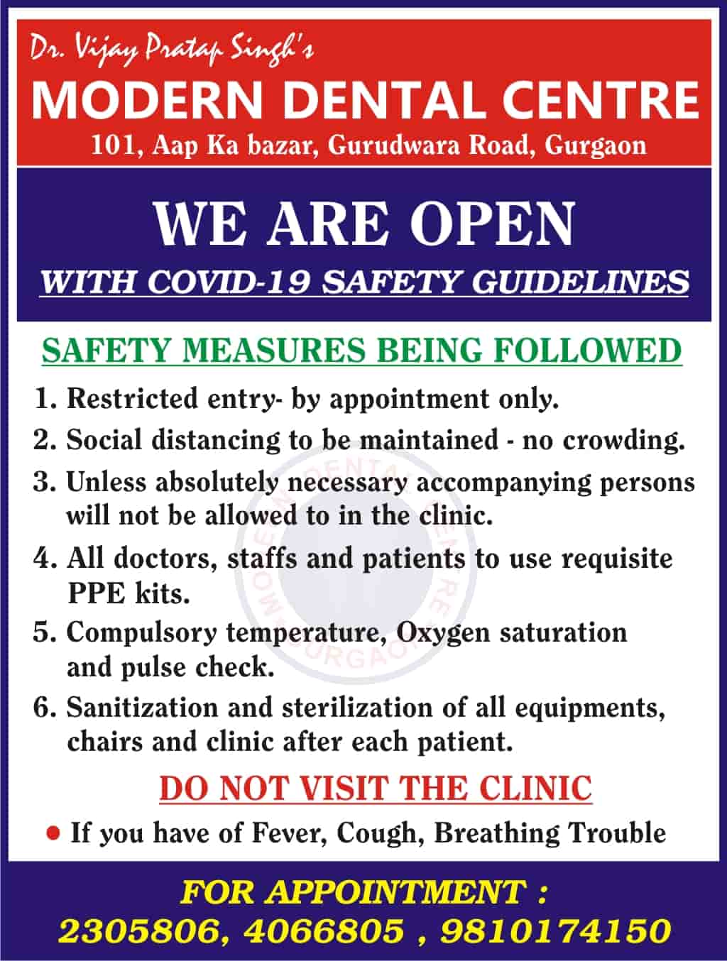 Modern Dental Centre is now open with All Covid-19- Safety Guidelines